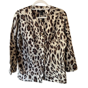Louben 100% Linen Chic Leopard Print Blazer Jacket Size 8 Lightweight Relaxed